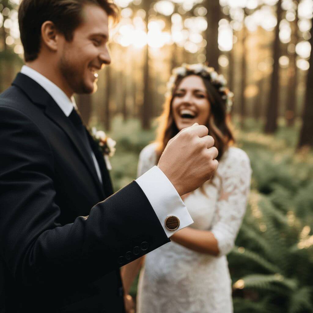 Hochzeit Paar in Natur Fokus auf Manschettenknopf aus Holz eines Whiskyfasses