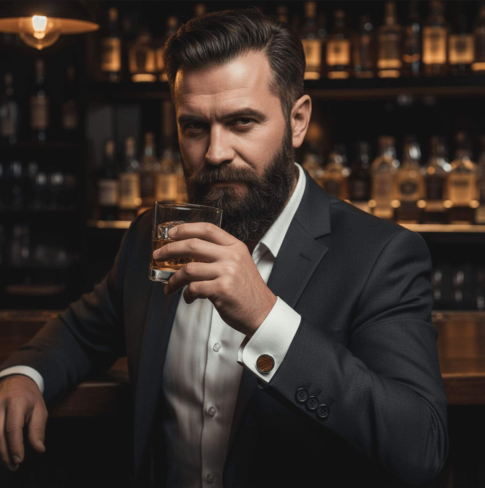 Mann mit Whiskyglas und Manschettenknopf aus Fassholz am Hemd