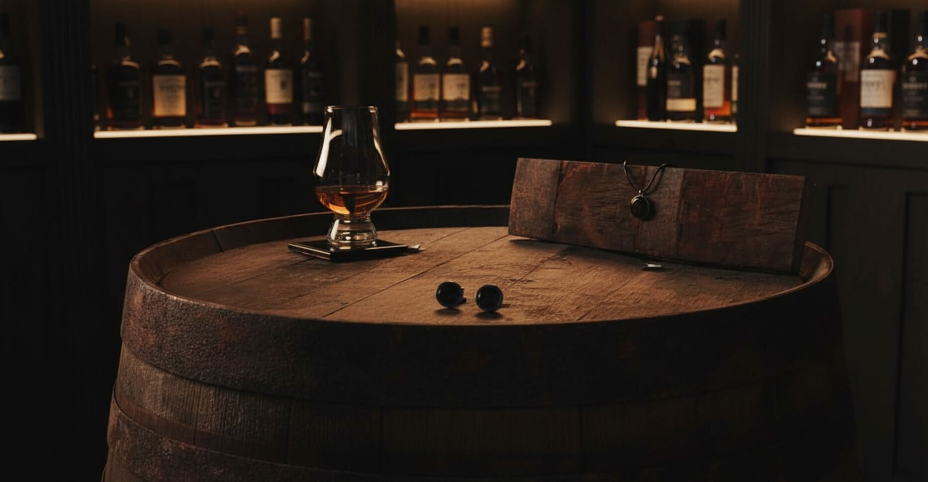 Whisky Fassholz Produkte Untersetzer Manschettenknöpfe Kette auf Fass in Bar praesentiert