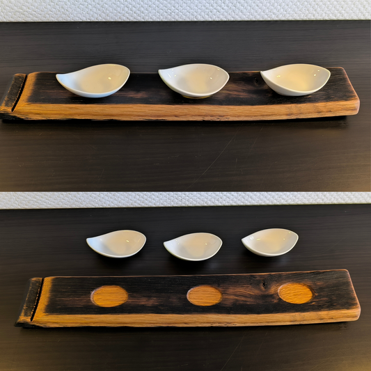 Snackboard aus gebrauchten Fassdauben - 2. Whiskyfass mit 3 Schalen ca. 45 cm - Snackboards