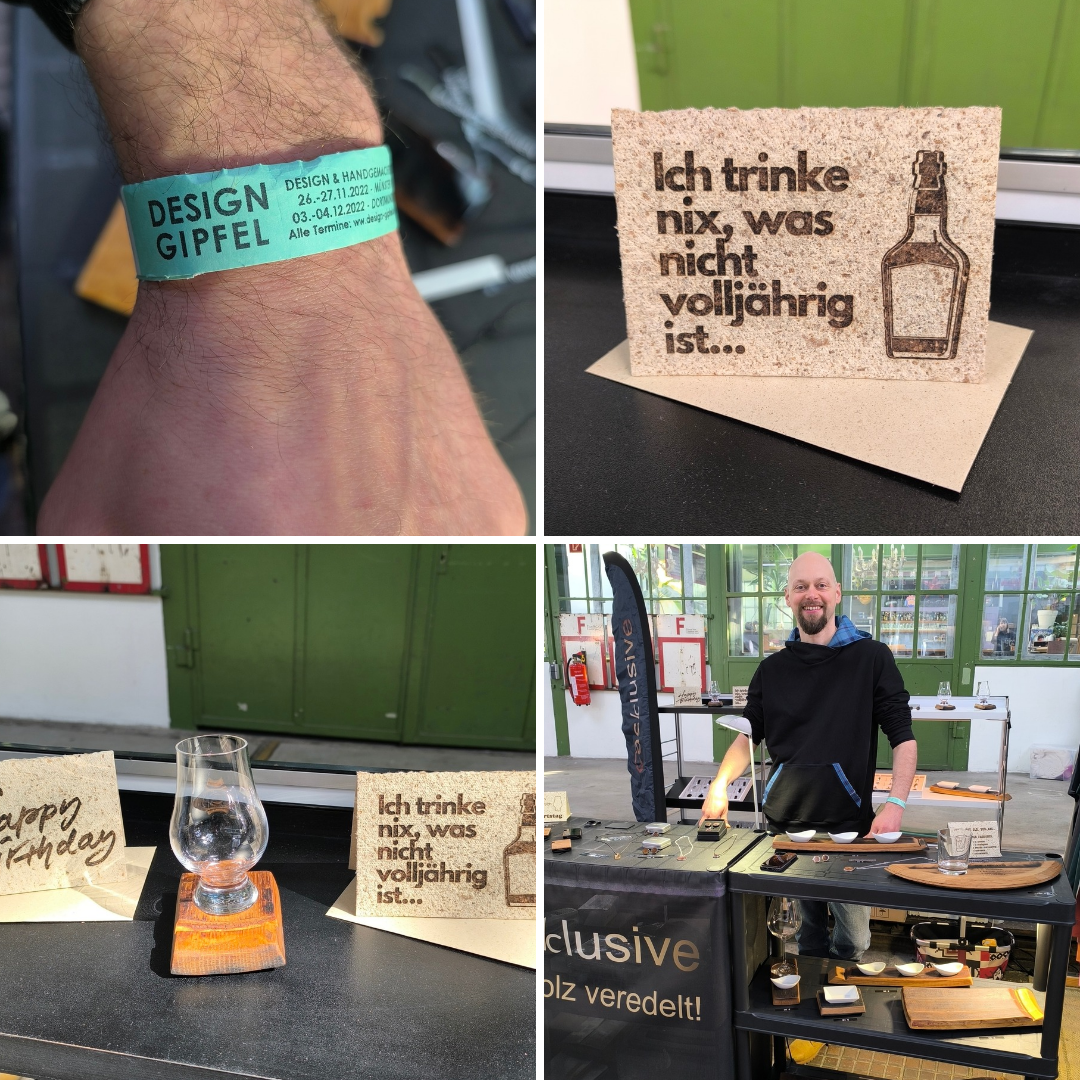 Fotocollage von 4 Fotos vom Messestand Casklsuive beim DesignGipfel in Dortmund 2025
