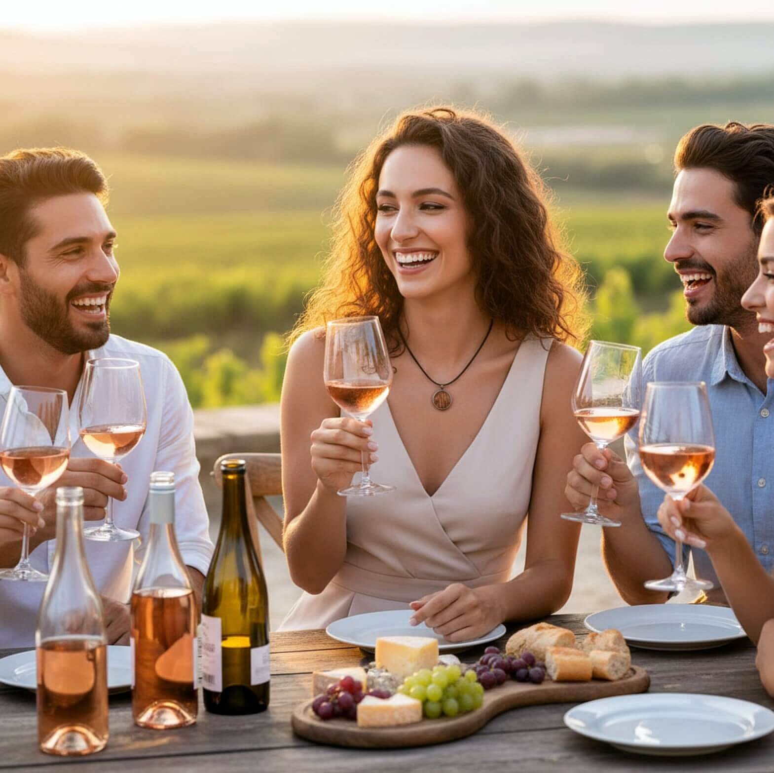 Halskette aus Holz vom Weinfass am Hals einer Weinliebhaberin die mit Freunden Wein genießt