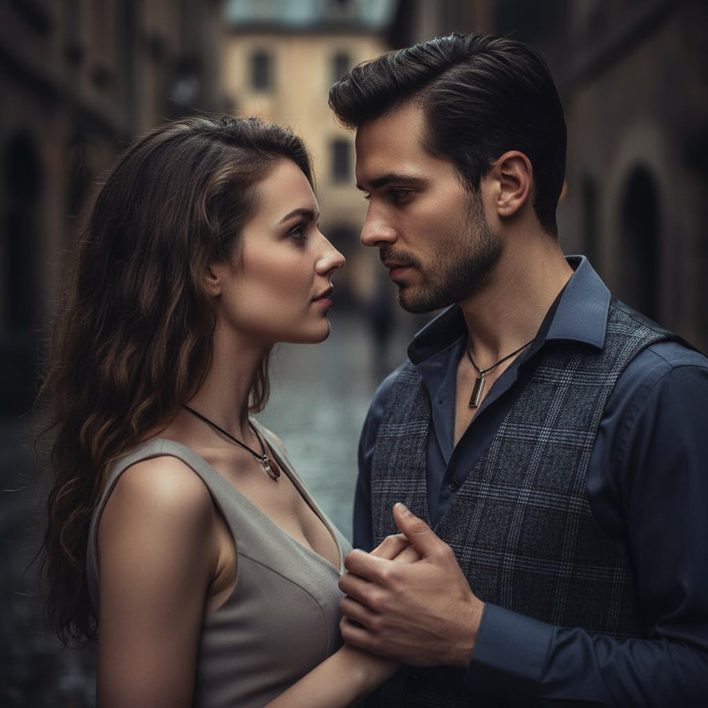 Halsketten Fassholz verliebtes Paar in Stadt