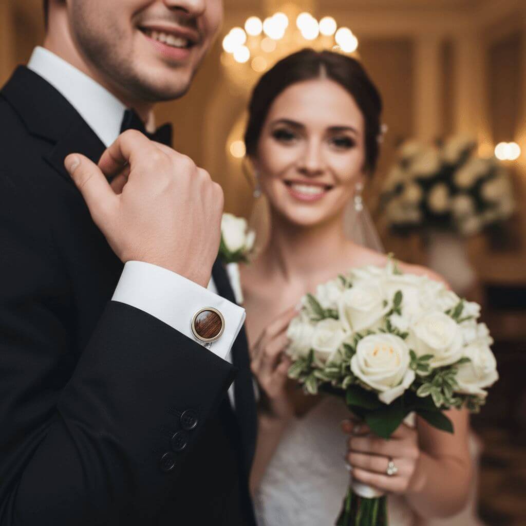 Hochzeit Paar Fokus auf Hemd mit Manschettenknopf aus Holz eines Whiskyfasses
