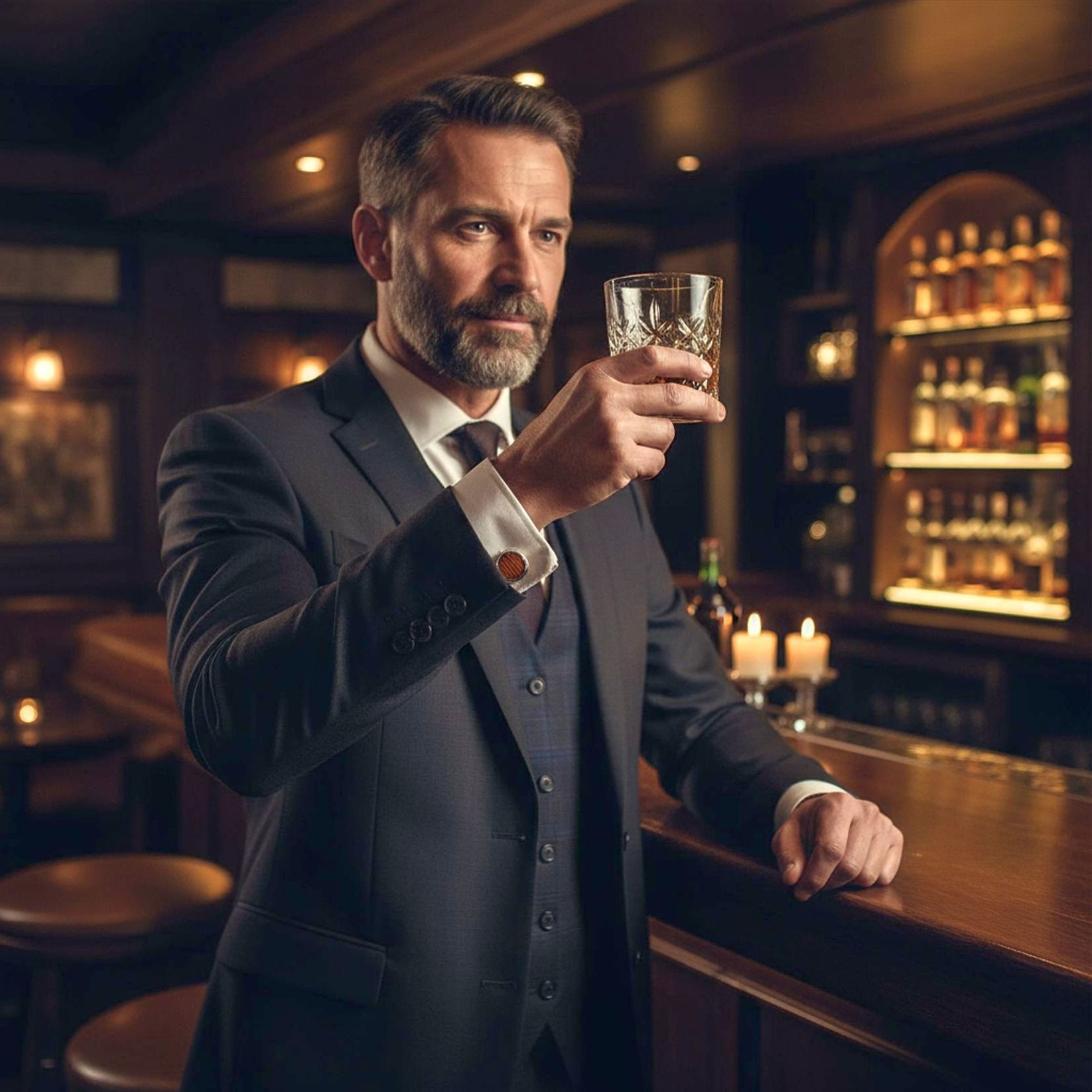 Mann mit Whiskyglas und Manschettenknopf aus Fassholz am Hemd