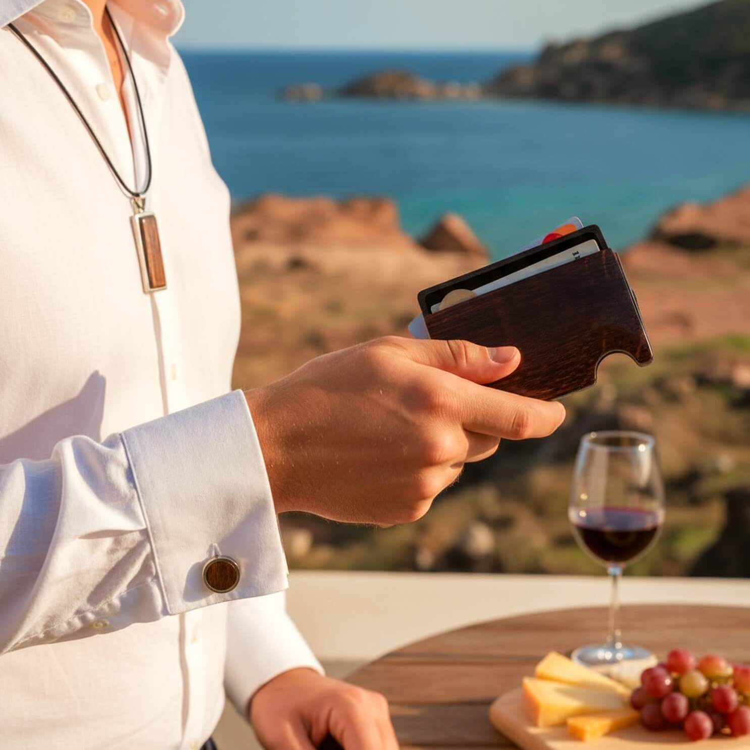 Mann mit Kette Manschettenknopf und Metall Wallet aus Wein Fassholz an einem Strand mit Wein und Käsehappen auf dem Tisch