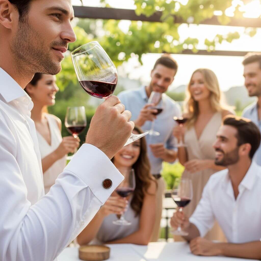 Manschettenknopf aus Weinfass an weißem Hemd von Mann in Gruppe von Menschen die Wein trinken und feiern