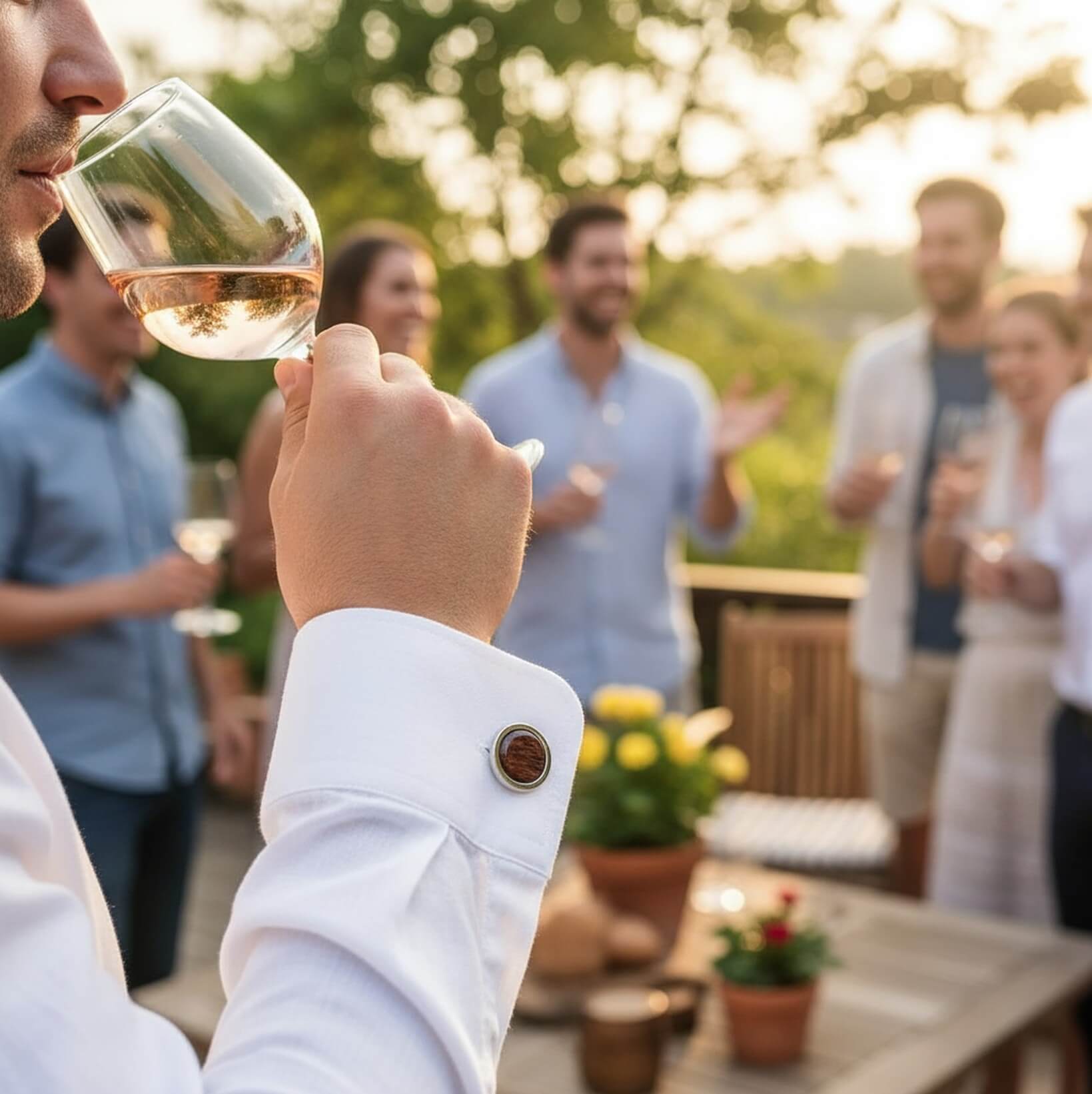 Manschettenknopf aus Weinfass an weißem Hemd von Mann in Gruppe von Menschen die am Tisch mit Blumen Wein trinken