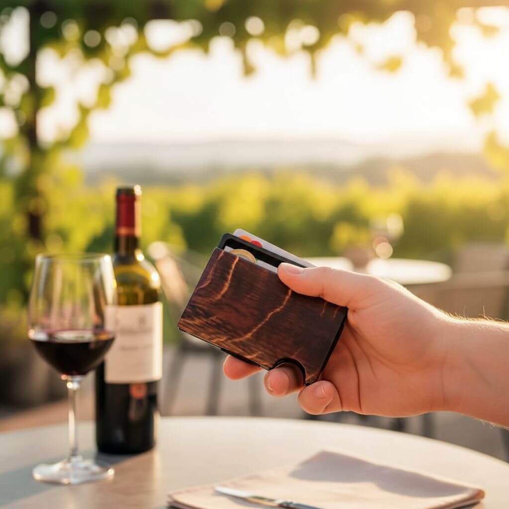 Metall Wallet mit Wein Fassholz in Hand eines Weinliebhabers