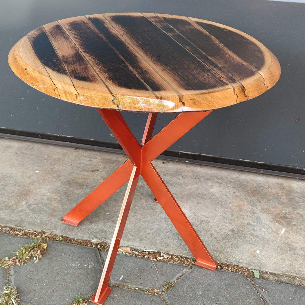 Table handmade from a cask lid according to individual customer requirements