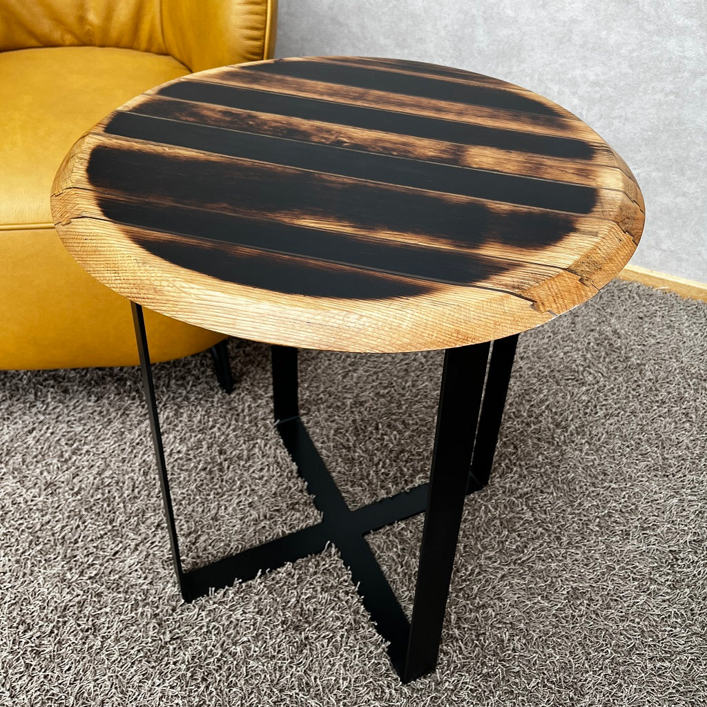 Table handmade from a cask lid according to individual customer requirements